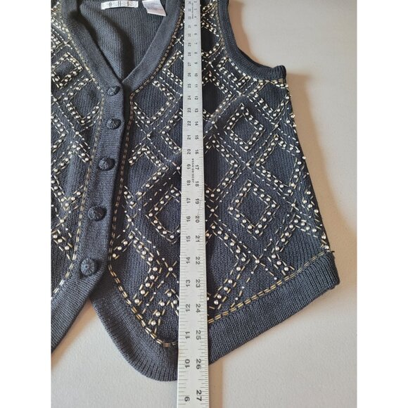 OHI Vintage Knit Vest Womens Size L Beaded Black Button V Neck Ramie Cotton - Picture 11 of 11